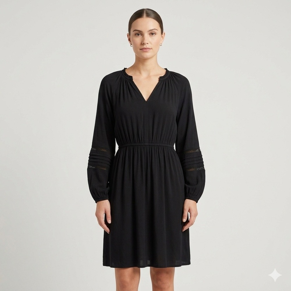 Knox Rose‎ Womens Black Long Sleeve Boho Mini Dress Lace Pintuck Elastic Waist M